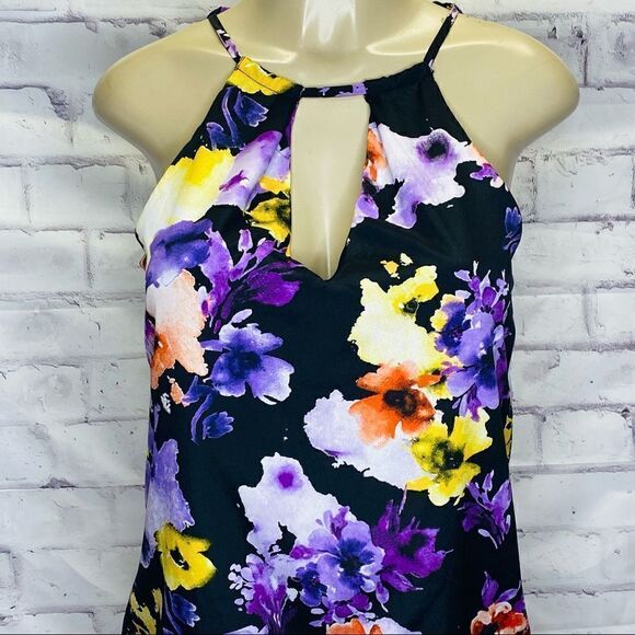 BEIGE by ECI Floral Black Purple Shift Halter Dress size Small - Picture 2 of 9